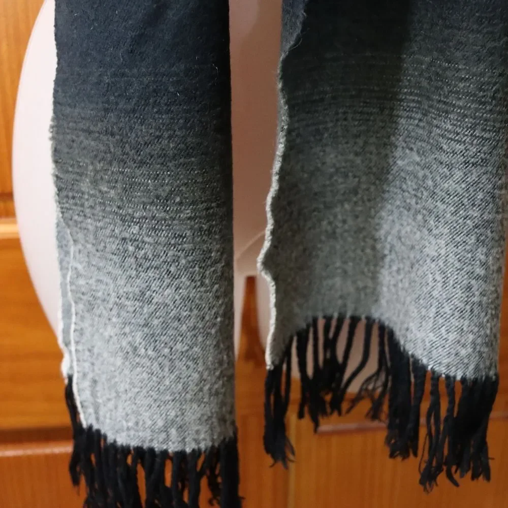 Vintage Black & Gray Gradient Ombre Scarf with Fringe Warm Winter
